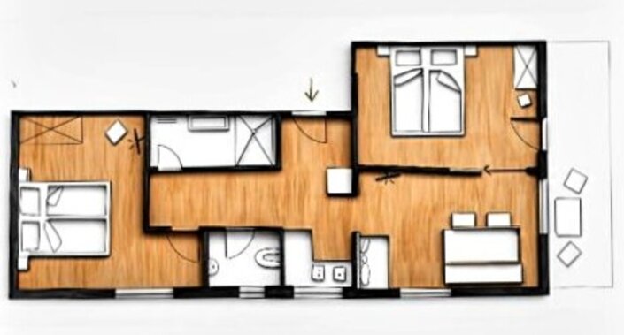 Appartement 2 - "Reiterkogel" Plan mit Balkon, 2 Schlafzimmern, Küche, Wohnbereich und getrenntem Bad & WC | © Haus Tannenblick