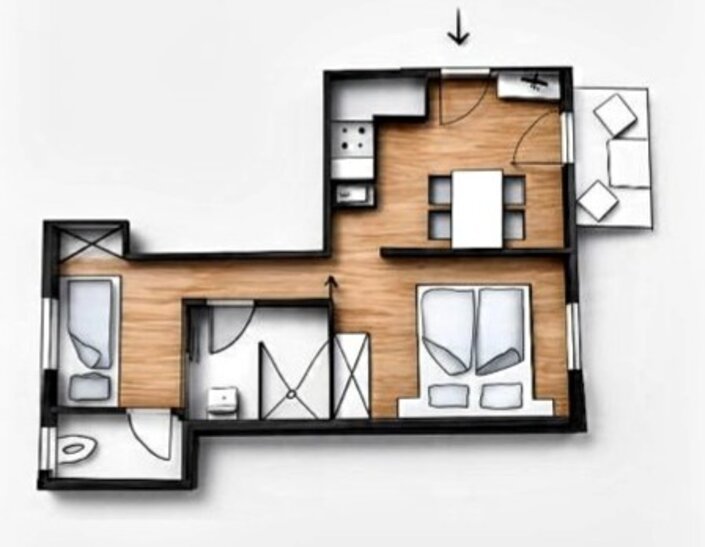 Appartement 3 - "Kohlmais" Plan mit Balkon, 1 Schlafzimmern, Küche, Wohnbereich und getrenntem Bad & WC sowie ein Extrazimmer mit Stockbett, Dusche und WC | © Haus Tannenblick