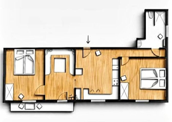 Appartement 5 - "Anthony" Plan mit Balkon, 2 Schlafzimmern, Küche mit Sitzbank, Wohnbereich und Bad & WC | © Haus Tannenblick